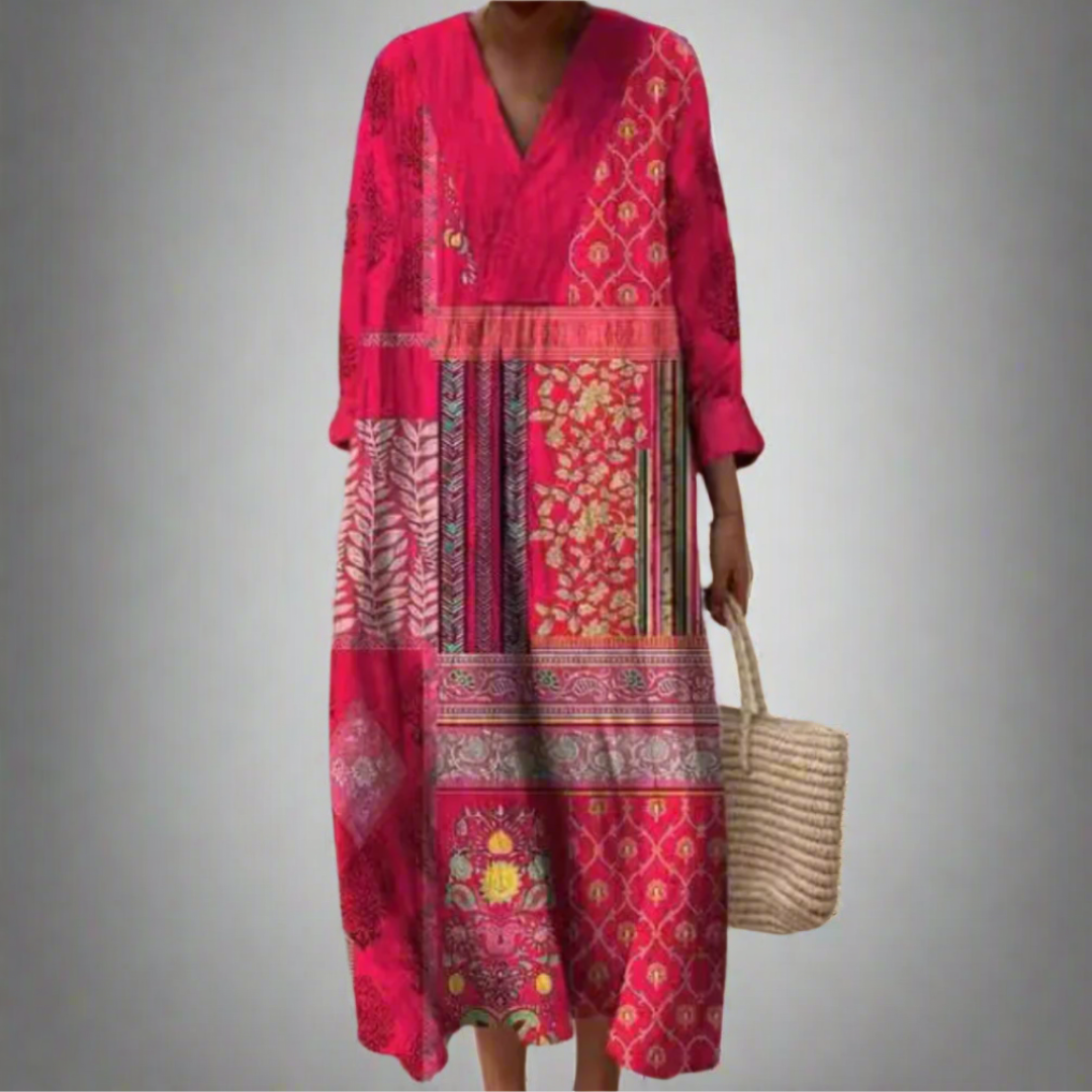 Maisie™ | Boho Midi-Kjole med Patchwork og Lange Ermer