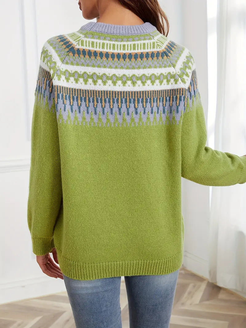 Bold Geo Pattern Sweater med Retro Stil